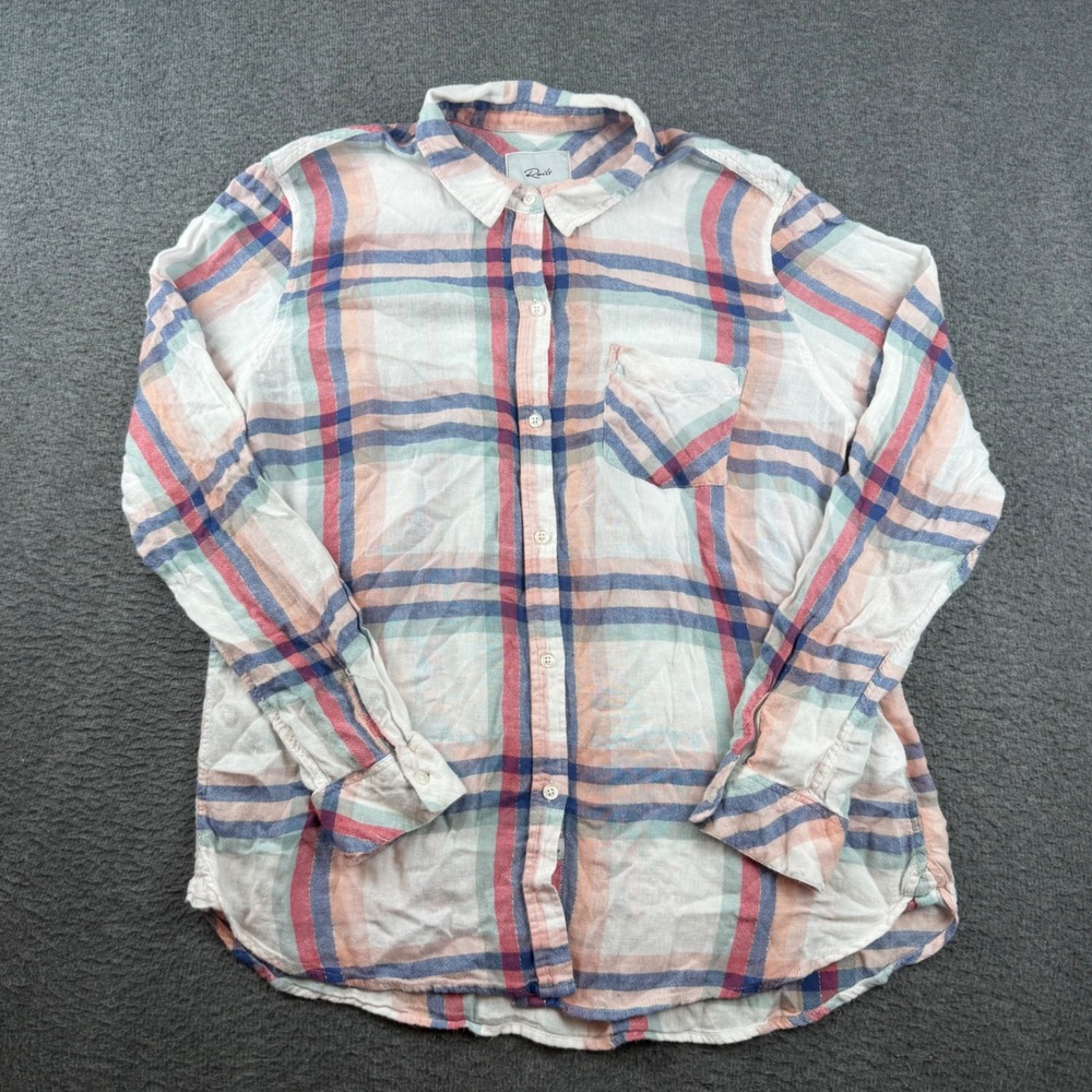 Rails Button Down Women Large Multicolor Plaid Hunter Rayon Linen Metallic Shirt